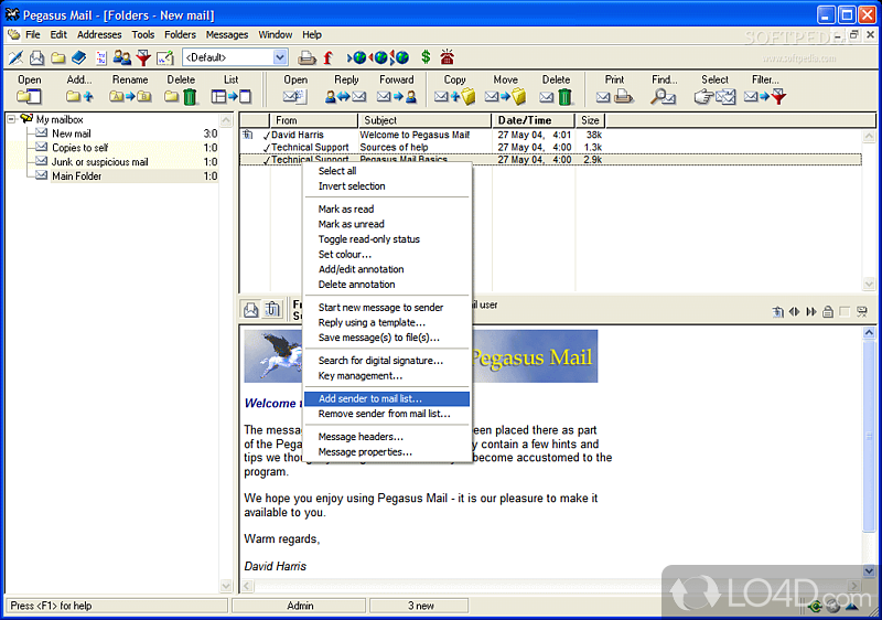 E-mail client suitable for single or multiple users on single computers or on local area networks - Screenshot of Pegasus Mail