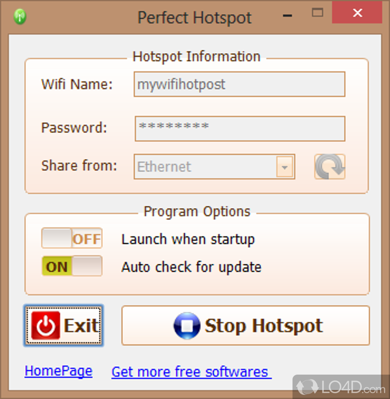 Share a PC wireless WiFi connection with other devices for - Screenshot of PerfectHotspot