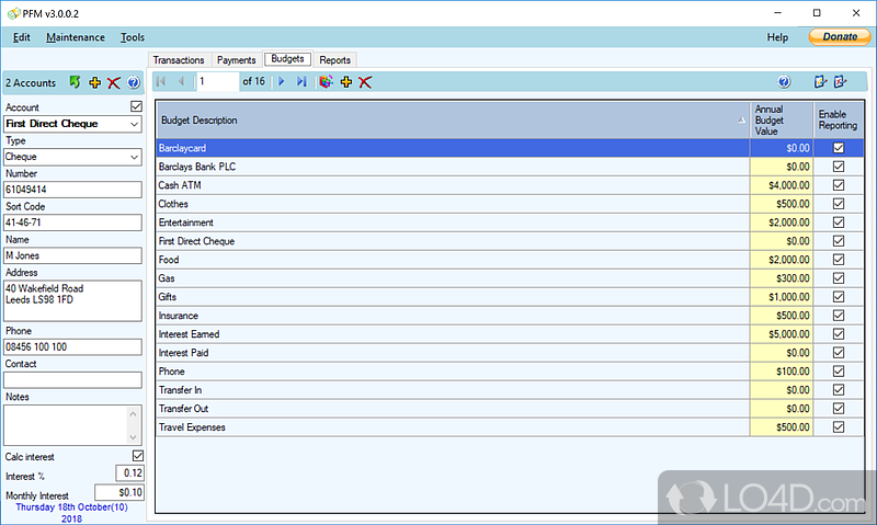 PFM - Personal Finance Manager: User interface - Screenshot of PFM - Personal Finance Manager