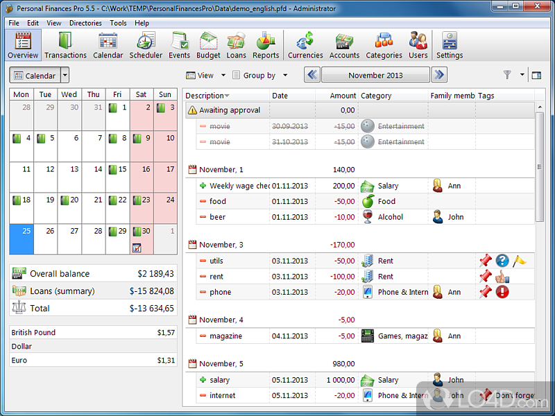 Structured accounts for easy management - Screenshot of Alzex Finance Free