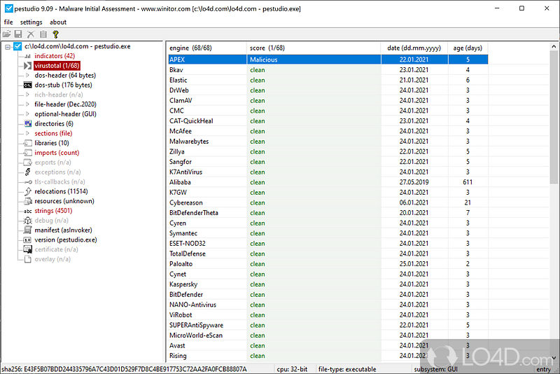 Investigate indicators, viruses, imports and resources of EXE files - Screenshot of PeStudio