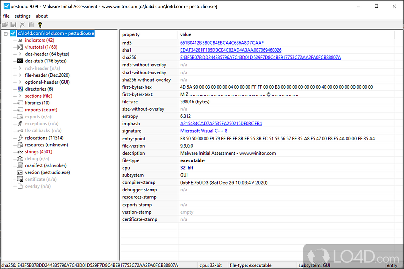 Analyze executable files without running them, checking its dependencies - Screenshot of PeStudio