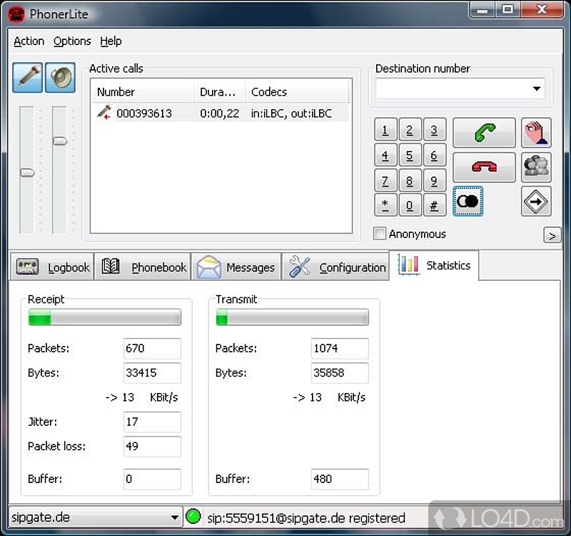 Use PC as voice over IP telephony - Screenshot of PhonerLite
