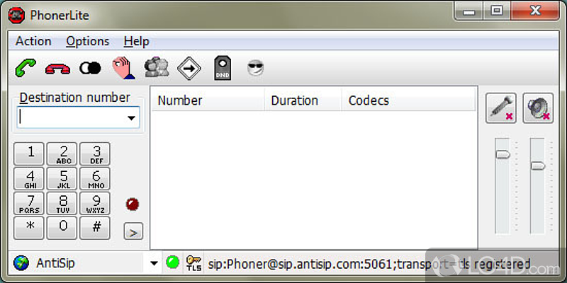 VoIP softphone with profile and contact management - Screenshot of PhonerLite