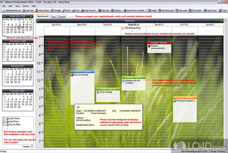Can set multiple appointments or keep track of schedule, whether you work individually or in a team - Screenshot of Pimero