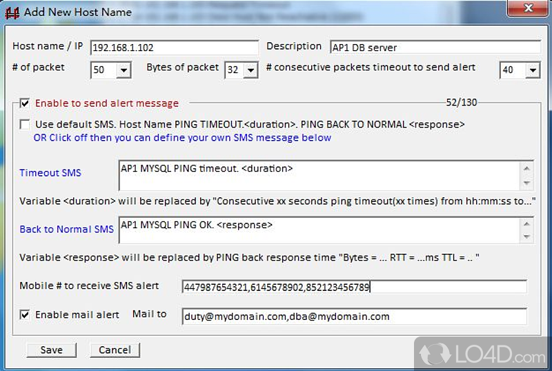 Analyze info and operation log - Screenshot of Ping Alert