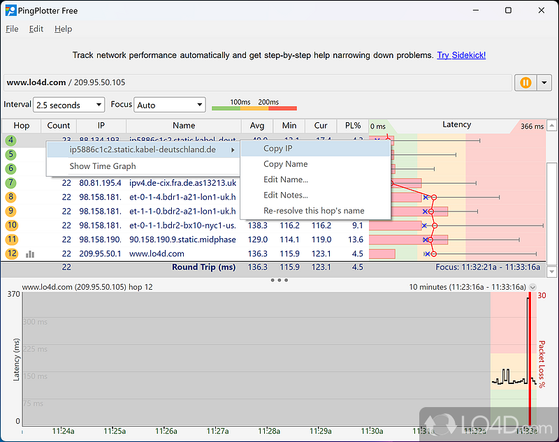 PingPlotter Free: User interface - Screenshot of PingPlotter Free