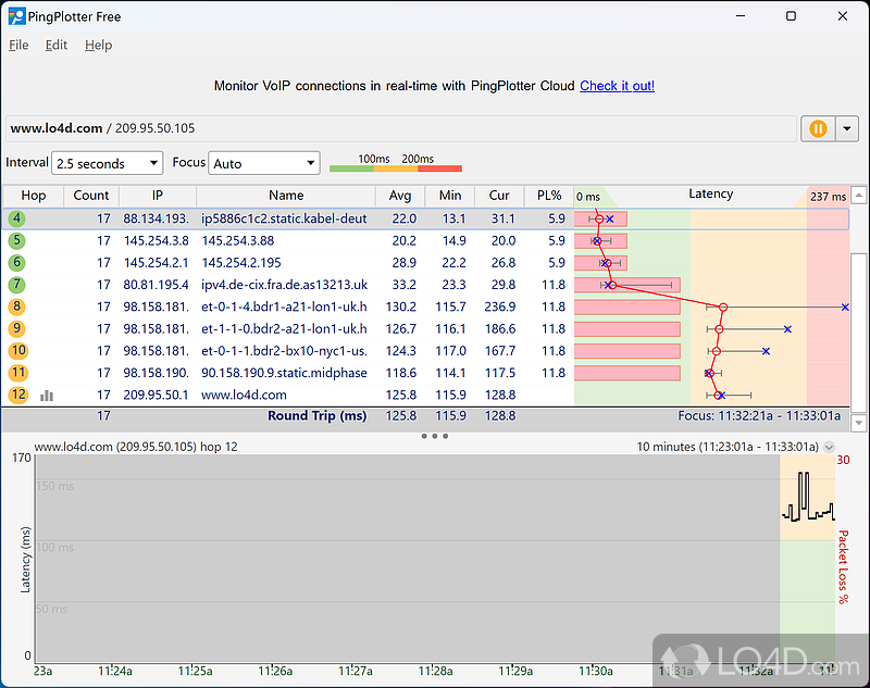 Trace the route between you and a target address, in order to diagnose latency and packet loss issues - Screenshot of PingPlotter Free