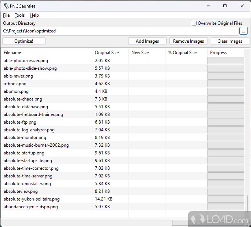 Small tool that will optimize PNG files - Screenshot of PNGGauntlet