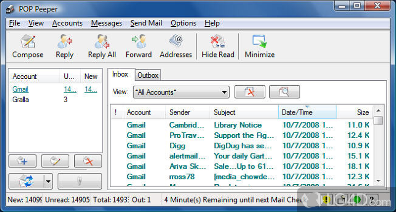 Monitor e-mail accounts and instantly get notified when you receive a new message thanks to this email client - Screenshot of POP Peeper