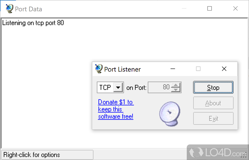 Listen on the specified port and determine which app uses it at any given moment - Screenshot of Port Listener