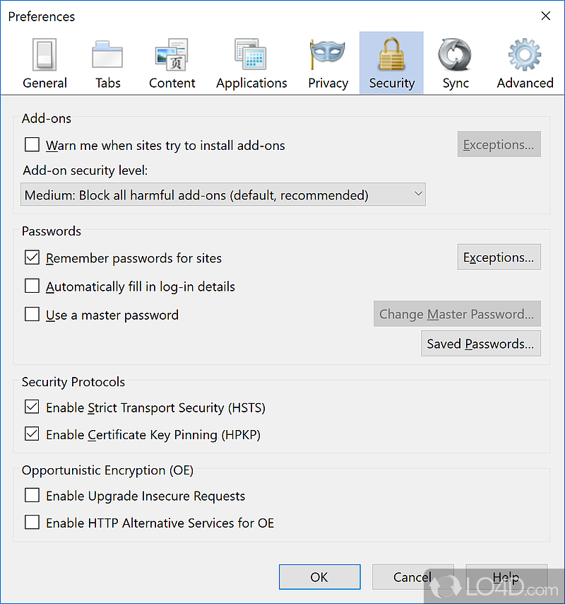 Several security options including secure browsing, a password manager and blocking of harmful sites - Screenshot of Pale Moon Portable