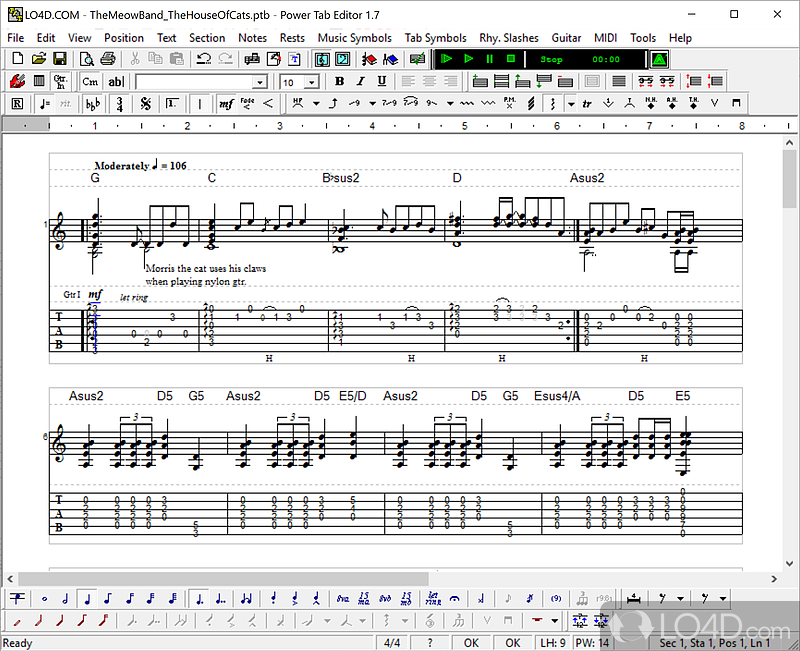 Tablature authoring tool for the Windows operating system - Screenshot of Power Tab Editor