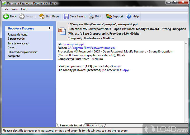 Designed to assist you in recovering passwords from multiple types of locked files - Screenshot of Powerpoint Password Recovery Key
