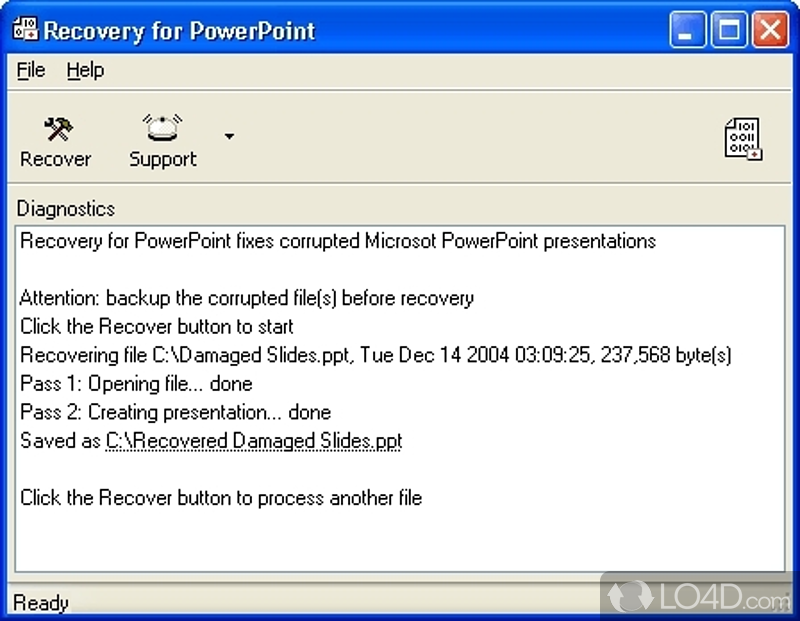 Fix damaged Microsoft PowerPoint files with this approachable piece of software that can log all recovery operations - Screenshot of PowerPointRecovery