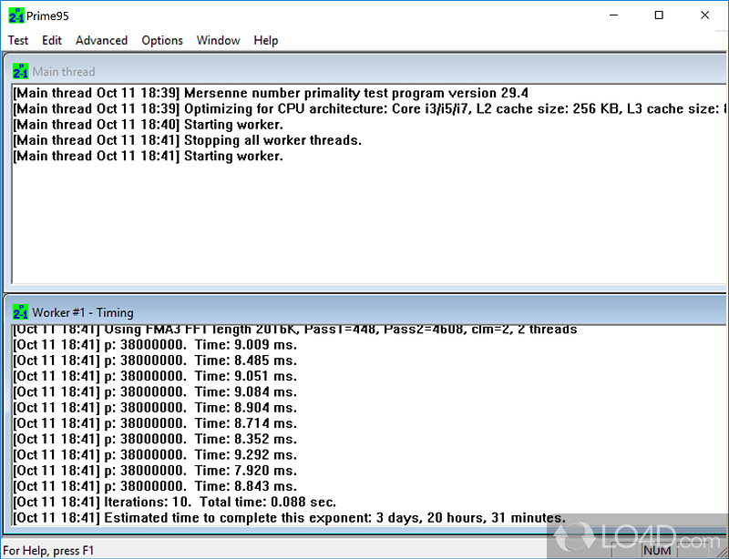 Program specially designed for users who want to search for various Mersenne Prime numbers - Screenshot of Prime95