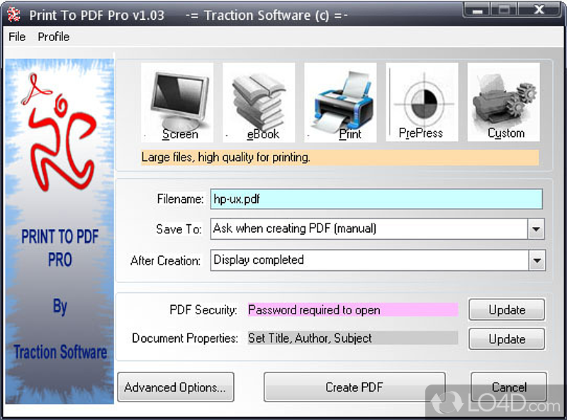 Print any file to PDF, encrypt it with a password, edit metadata - Screenshot of Print To PDF Pro