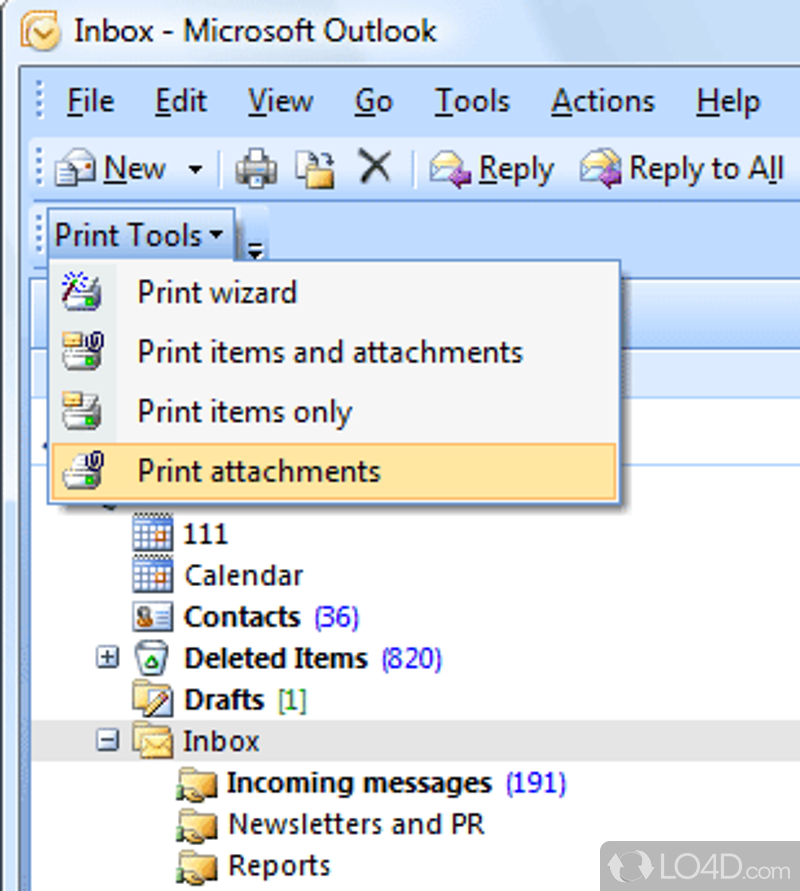 Automatically prints in/out messages and/or attachments - Screenshot of Print Tools for Outlook
