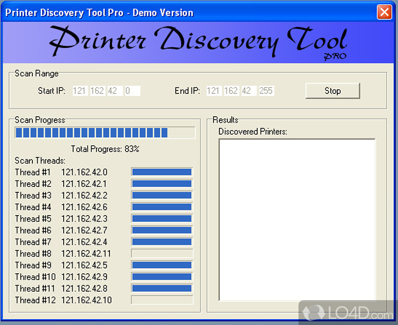 Scans IP address ranges for printer devices - Screenshot of Printer Discovery Tool