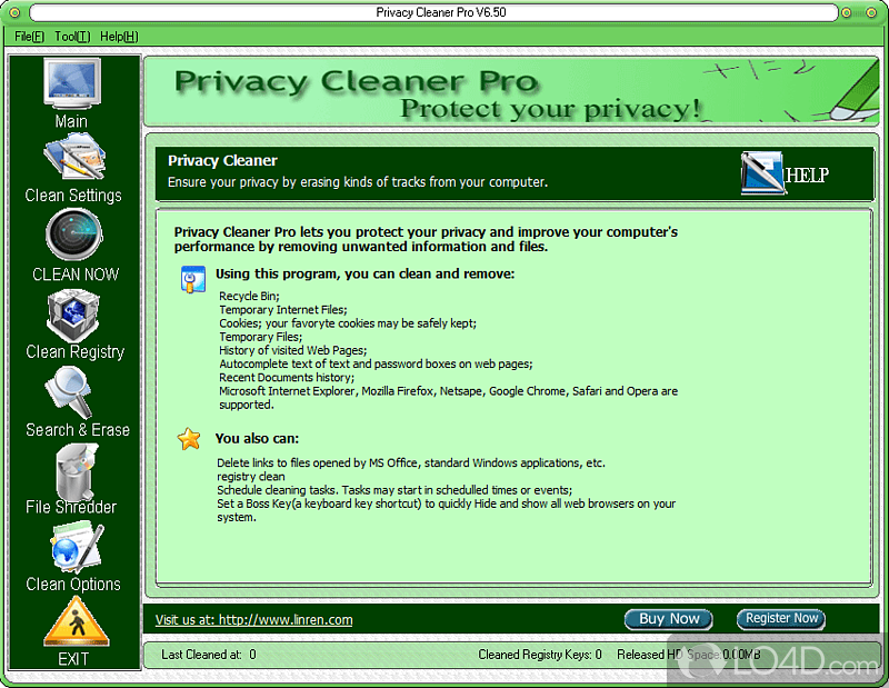 Software solution to keep computer by removing all history data, erase all unwanted data from computer - Screenshot of Privacy Cleaner Pro