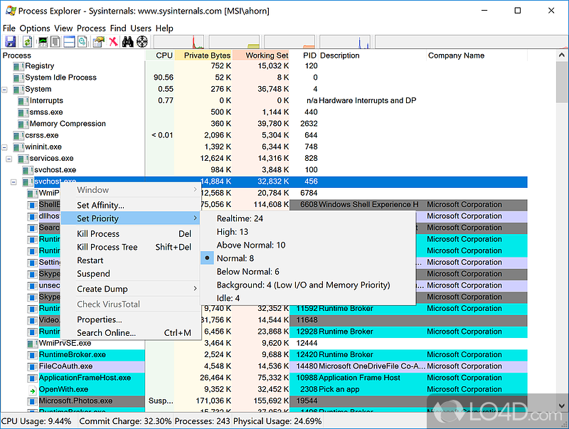 System tray indicators and hierarchically displayed processes - Screenshot of Process Explorer
