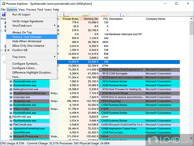 Manipulate the processes' behavior and view system information - Screenshot of Process Explorer