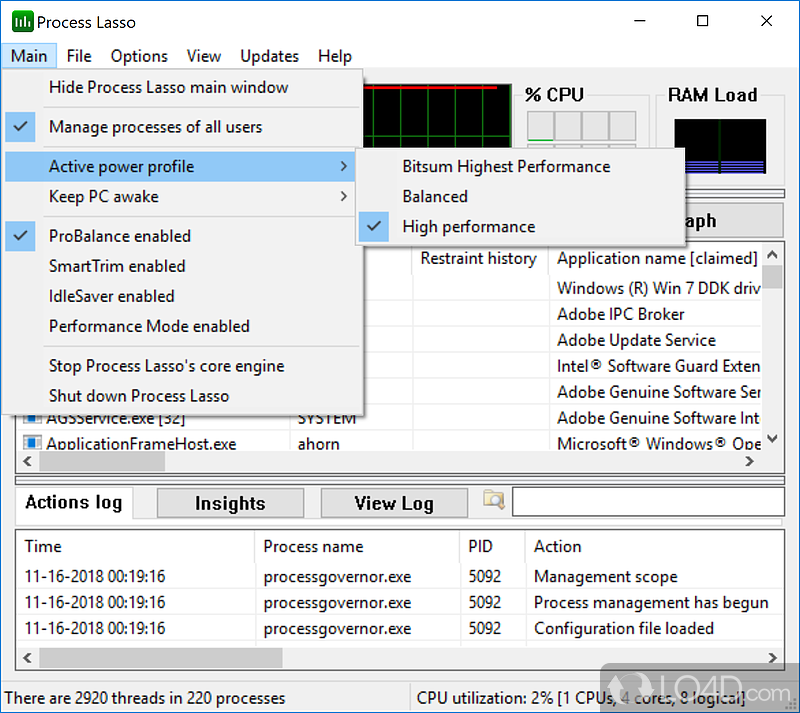 Manage processes and improve the OS response time - Screenshot of Process Lasso