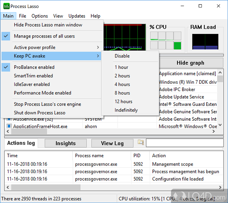 Change the process priority class and configure other settings - Screenshot of Process Lasso