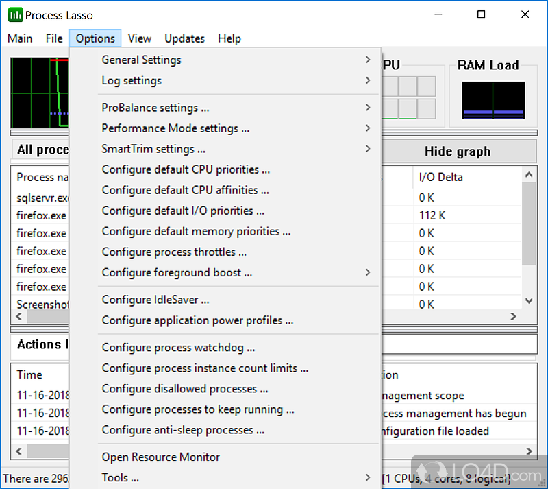 Optimize the CPU, assign priorities - Screenshot of Process Lasso