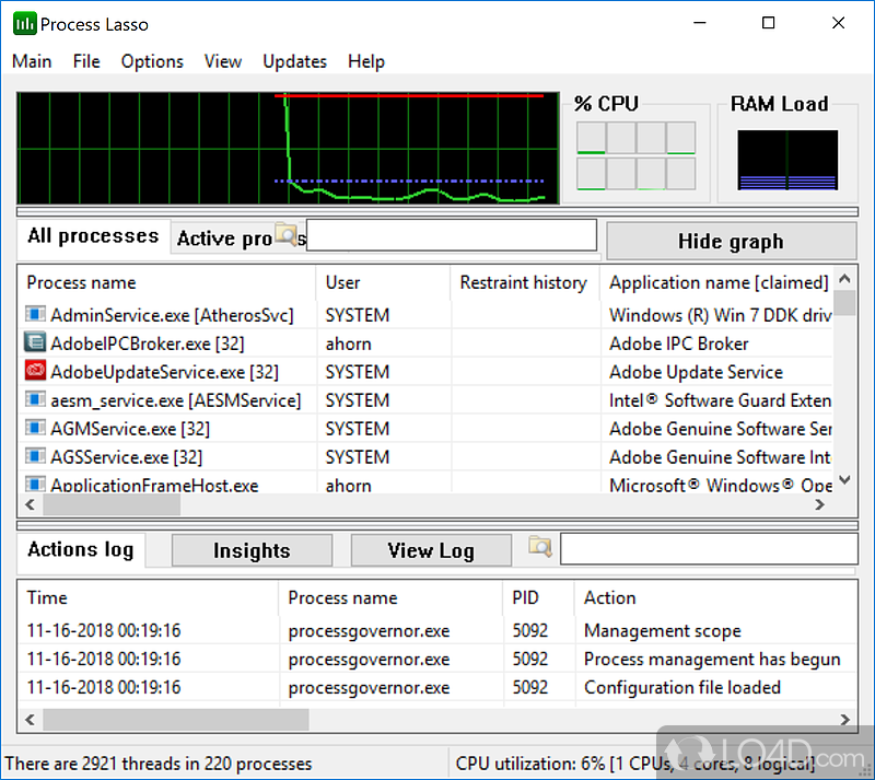 Set the priority of running processes, monitor RAM usage - Screenshot of Process Lasso