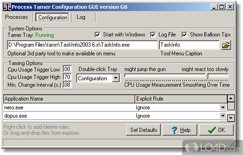 Reduces process priorities automatically - Screenshot of Process Tamer