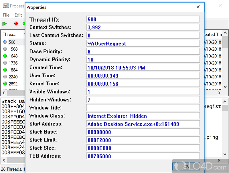 Process threads information viewer - Screenshot of ProcessThreadsView