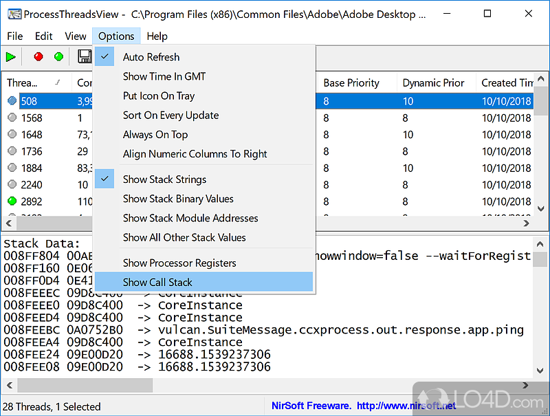 Displays extensive information about all threads of the process that you choose - Screenshot of ProcessThreadsView
