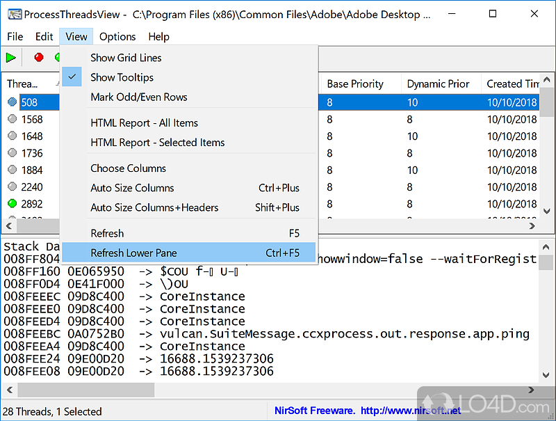 ProcessThreadsView: User interface - Screenshot of ProcessThreadsView