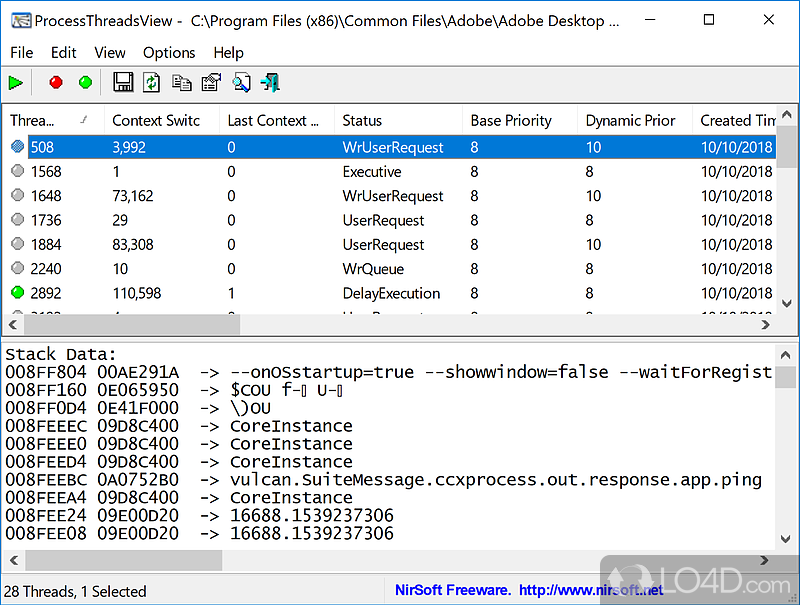 Small-sized, software program that displays extensive information about all threads of the process that you choose - Screenshot of ProcessThreadsView