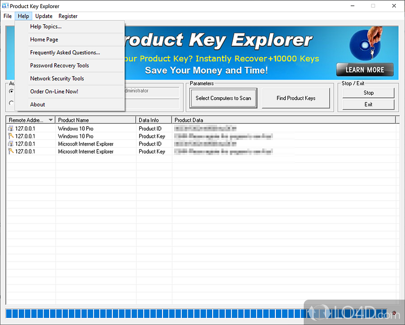 Retrieves product keys from network computers - Screenshot of Product Key Explorer