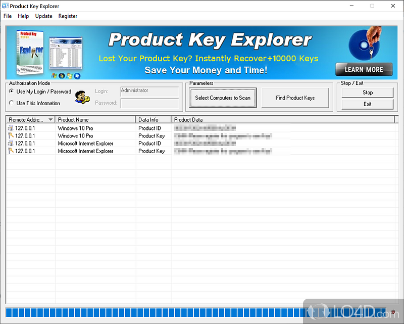 Find out forgotten product keys for the products installed on computer's system - Screenshot of Product Key Explorer