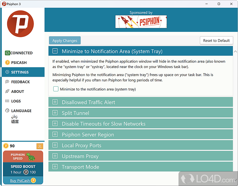 The VPN client proxies your Internet traffic - Screenshot of Psiphon