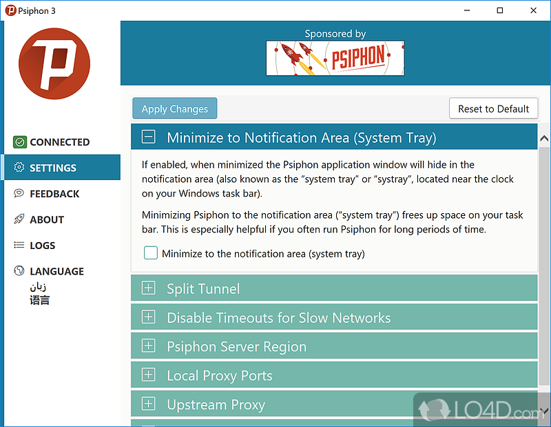 The VPN client proxies your Internet traffic - Screenshot of Psiphon 3