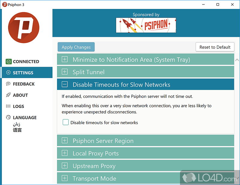 Unrestricted access to the internet - Screenshot of Psiphon 3
