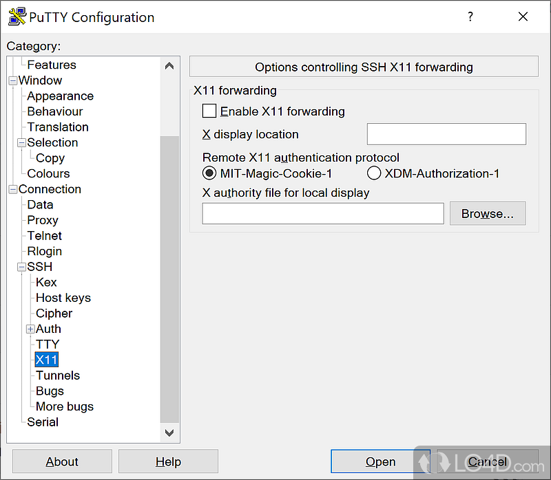 Control SSH X11 forwarding - Screenshot of PuTTY