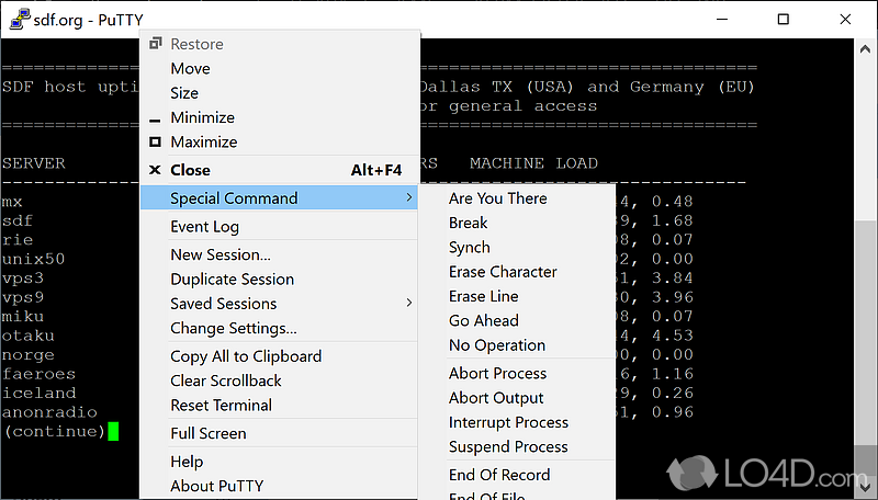 Special commands by right-clicking instead of keyboard shortcuts - Screenshot of PuTTY