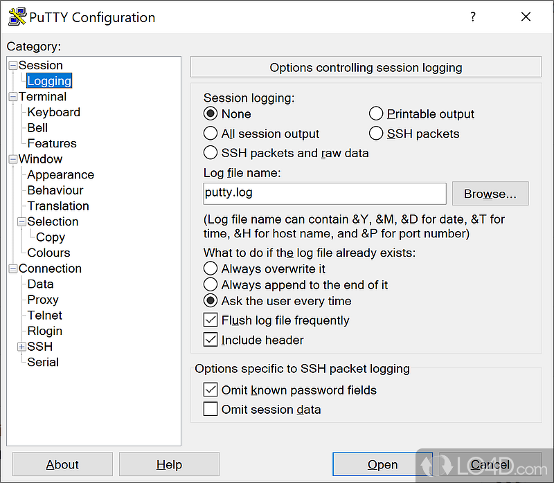 Command-line interface logging options which can be all session output or just SSH packets and raw data - Screenshot of PuTTY