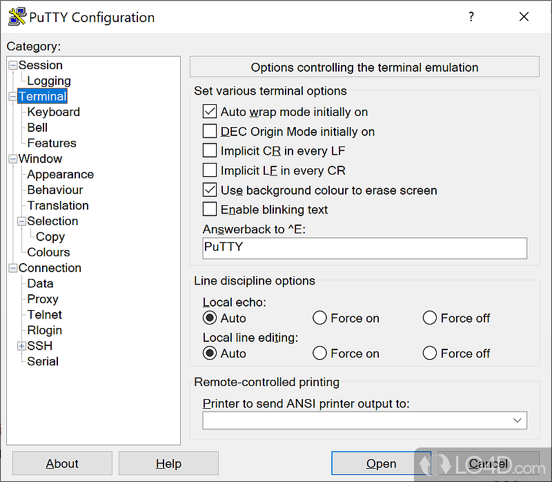 Several options available for controlling terminal emulation including auto wrap, DEC origin - Screenshot of PuTTY