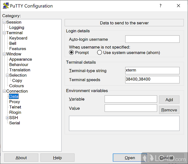 Use xterm terminal for data transfer with auto-login username and custom environment variables - Screenshot of PuTTY