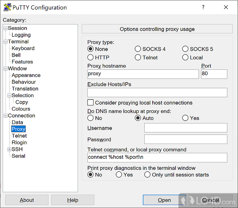 Connect to remote systems via a web proxy with support for HTTP, Socks 4, Socks 5 or local - Screenshot of PuTTY