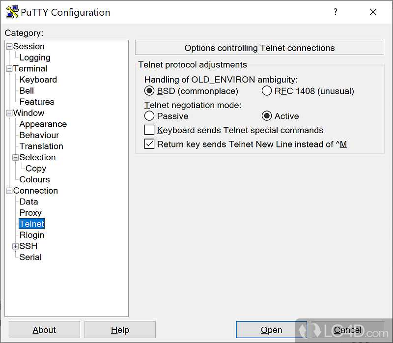 Connect to classic Telnet systems with adjustments available for BSD, RFC 1408 and active/passive negotiation modes - Screenshot of PuTTY