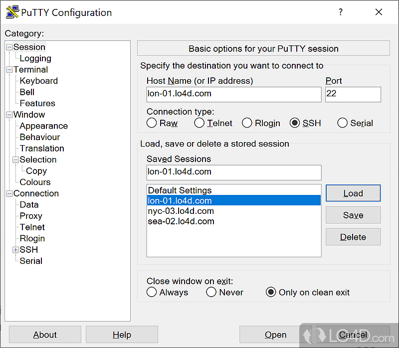 SSH, Telnet and Rlogin client with an xterm terminal emulator in order to provide an environment for advanced users - Screenshot of PuTTY