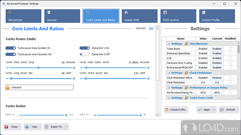 Tools and options for tweaking - Screenshot of Quick CPU