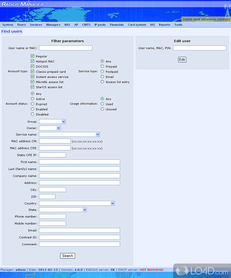 RADIUS billing solution for Mikrotik, Cisco, StarOS - Screenshot of Radius Manager